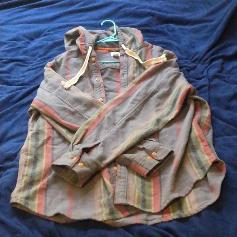 Grey button down with green and red stripes